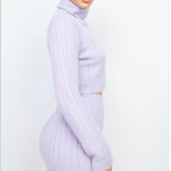 NEW LAVENDER RIBBED FLUFFY SWEATER TWO PIECE LONG SLEEVE CROP TOP MIDI SKIRT SET - Picture 7 of 9